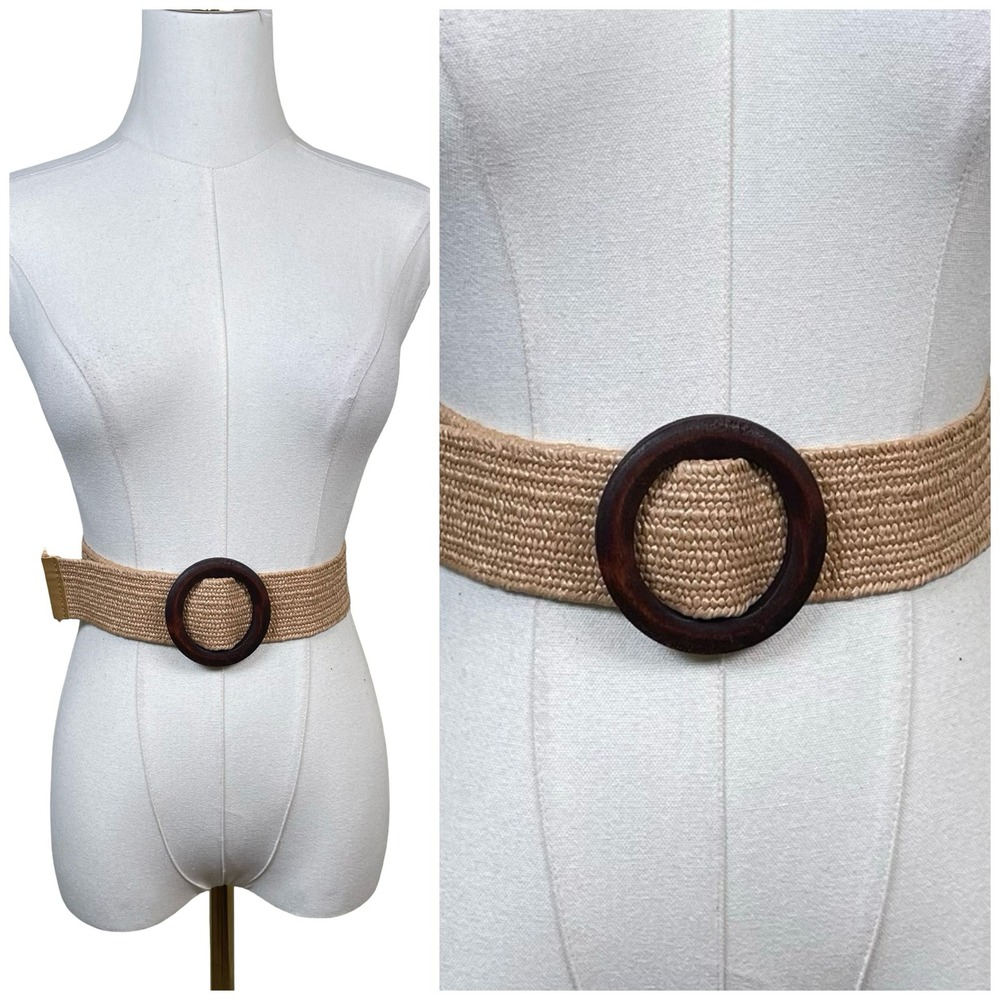 Woven Raffia Elastic Cinch Belt Women Tan Brown‎ Wood Round Buckle Boho Coastal